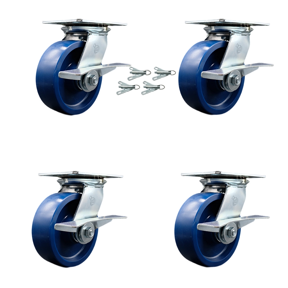 Heavy Duty Large Top Plate Solid Polyurethane Swivel Caster Set of 4 w/6" x 2" Blue Wheels - Includes 4 Swivel w/Side Lck Brakes & Bolt on Swivel Locks - 4800 lbs Total Capacity - Service Caster Brand — photo 1