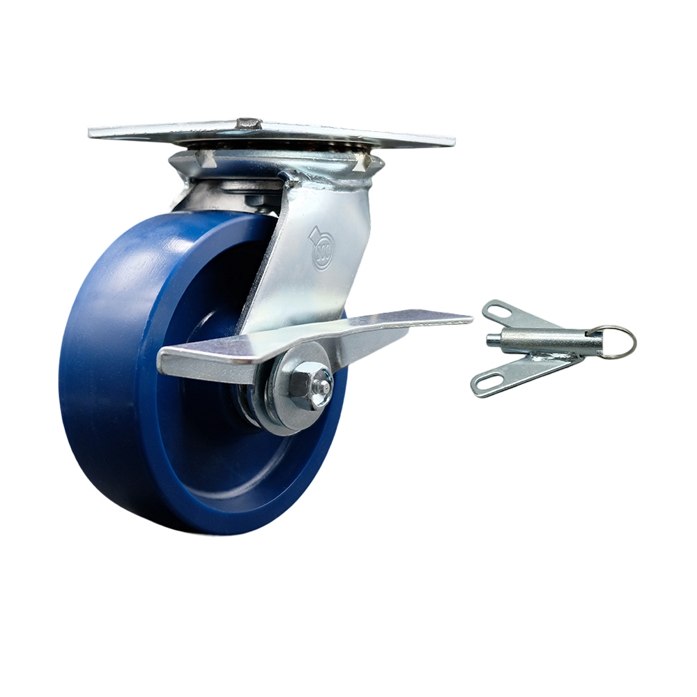 Heavy Duty Large Top Plate Solid Polyurethane Swivel Caster w/6" x 2" Blue Wheel & Side Lck Brake and Bolt on Swivel Lock - 1200 lbs Capacity/Caster - Service Caster Brand — photo 1