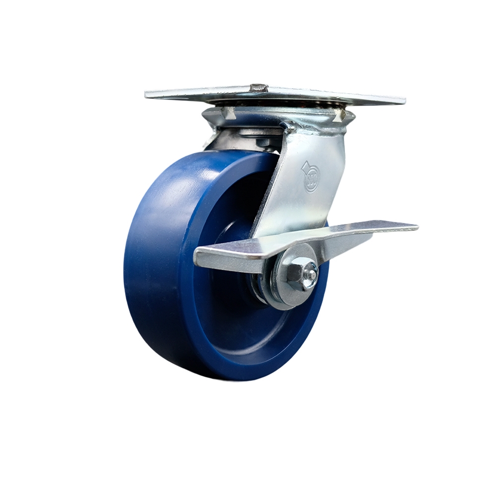 Heavy Duty Large Top Plate Solid Polyurethane Swivel Caster w/Main. Free Bearings and 6" x 2" Blue Wheel & Side Lck Brake - 1200 lbs Capacity/Caster - Service Caster Brand — photo 1
