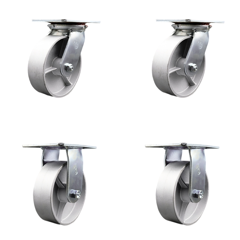 Heavy Duty Large Top Plate Semi Steel Cast Iron Swivel Caster w/Main. Free Bearings Set of 4 w/6" x 2" Silver Wheels - Includes 2 Swivel & 2 Rigid - 4800 lbs Total Capacity - Service Caster Brand — photo 1