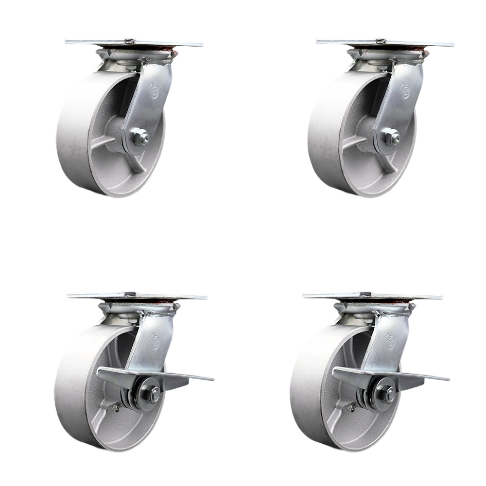 Heavy Duty Large Top Plate Semi Steel Cast Iron Swivel Caster Set of 4 w/6" x 2" Silver Wheels - Includes 2 Swivel with Brakes & 2 Swivel - 4800 lbs Total Capacity - Service Caster Brand — photo 1
