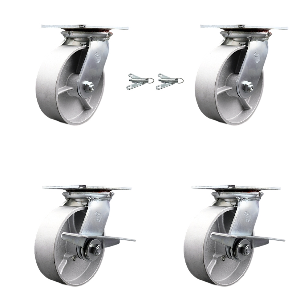 Heavy Duty Large Top Plate Semi Steel Cast Iron Swivel Caster w/Main. Free Bearings Set of 4 w/6" x 2" Silver Wheels-Includes 2 Swivel with Bolt on Swivel Lcks&2 Swvl with Brakes- Service Caster Brand — photo 1