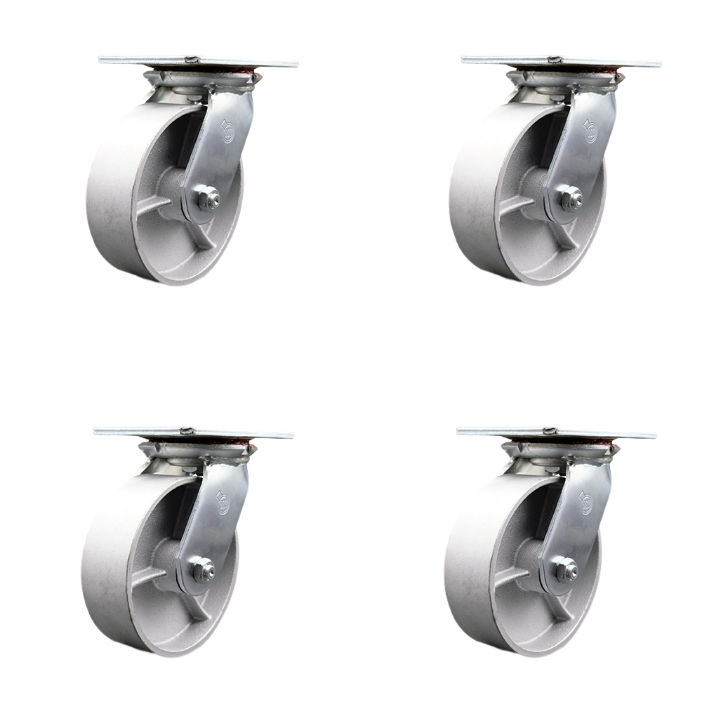 Heavy Duty Large Top Plate Semi Steel Cast Iron Swivel Caster Set of 4 w/6" x 2" Silver Wheels - Includes 4 Swivel w/Bolt on Swivel Locks - 4800 lbs Total Capacity - Service Caster Brand — photo 1