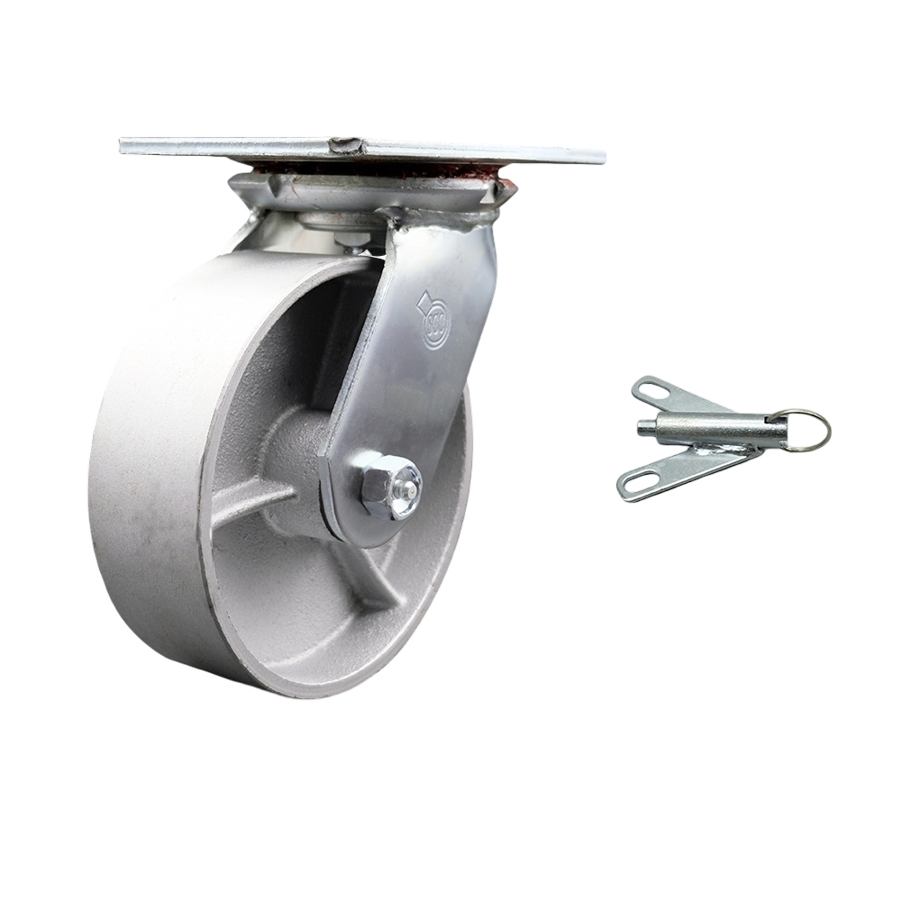 Heavy Duty Large Top Plate Semi Steel Cast Iron Swivel Caster w/Main. Free Bearings and 6" x 2" Silver Wheel & Bolt on Swivel Lock - 1200 lbs Capacity/Caster - Service Caster Brand — photo 1