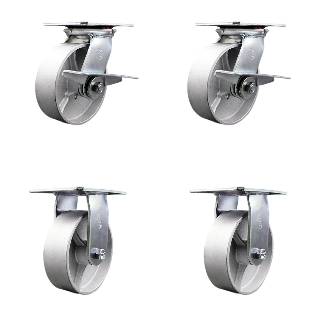 Heavy Duty Large Top Plate Semi Steel Cast Iron Swivel Caster w/Main. Free Bearings Set of 4 w/6" x 2" Silver Wheels - Includes 2 Swivel with Brakes & 2 Rigid-4800lbs Total Cpty - Service Caster Brand — photo 1