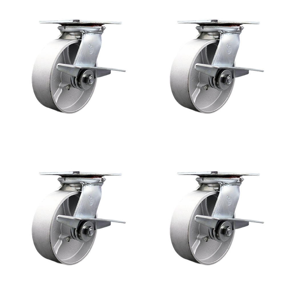 Heavy Duty Large Top Plate Semi Steel Cast Iron Swivel Caster Set of 4 w/6" x 2" Silver Wheels - Includes 4 Swivel w/Side Lck Brakes - 4800 lbs Total Capacity - Service Caster Brand — photo 1