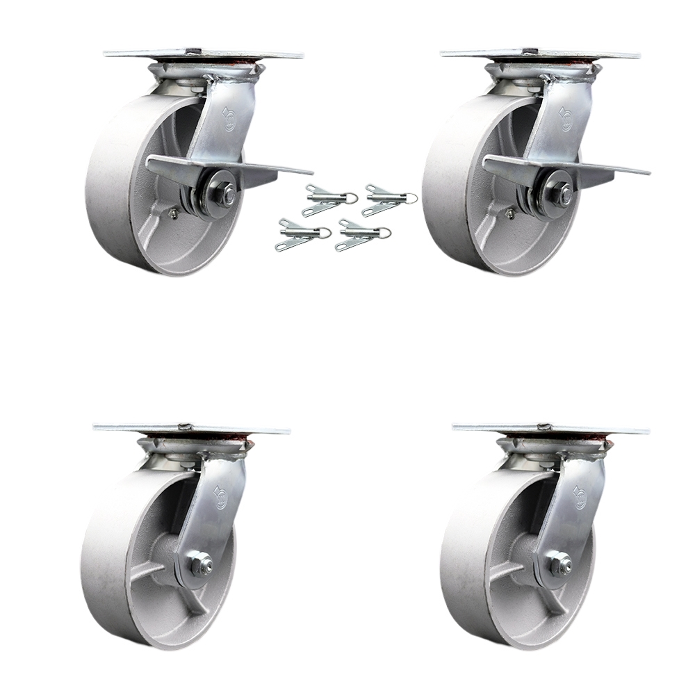 Heavy Duty Large Top Plate Semi Steel Cast Iron Swivel Caster Set 4 w/6" x 2" Silver Wheels-Includes 2 Swvl w/BRK and Bolt on Swvl Lck&2 Swvl w/Bolt on Swvl Lck-4800lbs Total Cpty-Service Caster Brand — photo 1