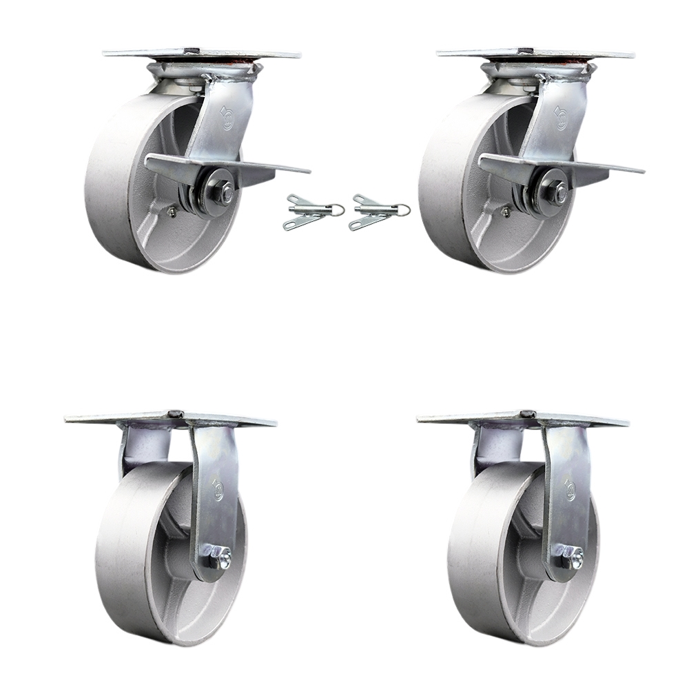Heavy Duty Large Top Plate Semi Steel Cast Iron Swivel Caster Set of 4 w/6" x 2" Silver Wheels-Includes 2 Swivel with Brakes and Bolt on Swivel Locks& 2 Rigid-4800lbs Total Cpty - Service Caster Brand — photo 1
