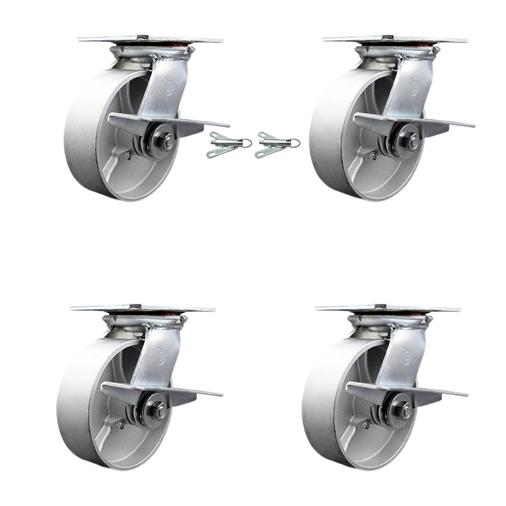 Heavy Duty Large Top Plate Semi Steel Cast Iron Swivel Caster Set 4 w/6" x 2" Silver Wheels-Includes 2 Swivel with Brakes and Bolt on Swvl Lck&2 Swvl w/Brakes-4800lbs Total Cpty - Service Caster Brand — photo 1
