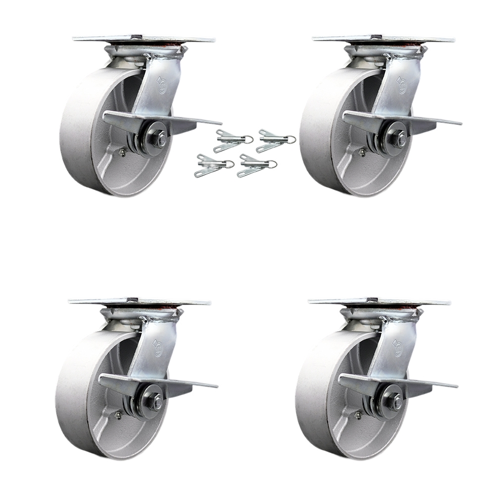 Heavy Duty Large Top Plate Semi Steel Cast Iron Swivel Caster Set of 4 w/6" x 2" Silver Wheels - Includes 4 Swivel w/Side Lck Brakes & Bolt on Swivel Locks - 4800 lbs Total Cpty - Service Caster Brand — photo 1
