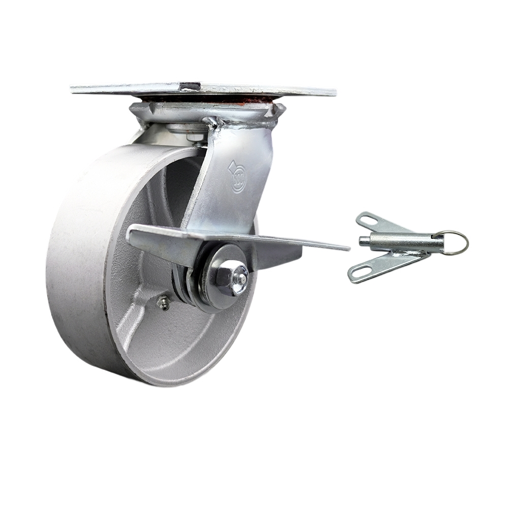 Heavy Duty Large Top Plate Semi Steel Cast Iron Swivel Caster w/6" x 2" Silver Wheel & Side Lck Brake and Bolt on Swivel Lock - 1200 lbs Capacity/Caster - Service Caster Brand — photo 1