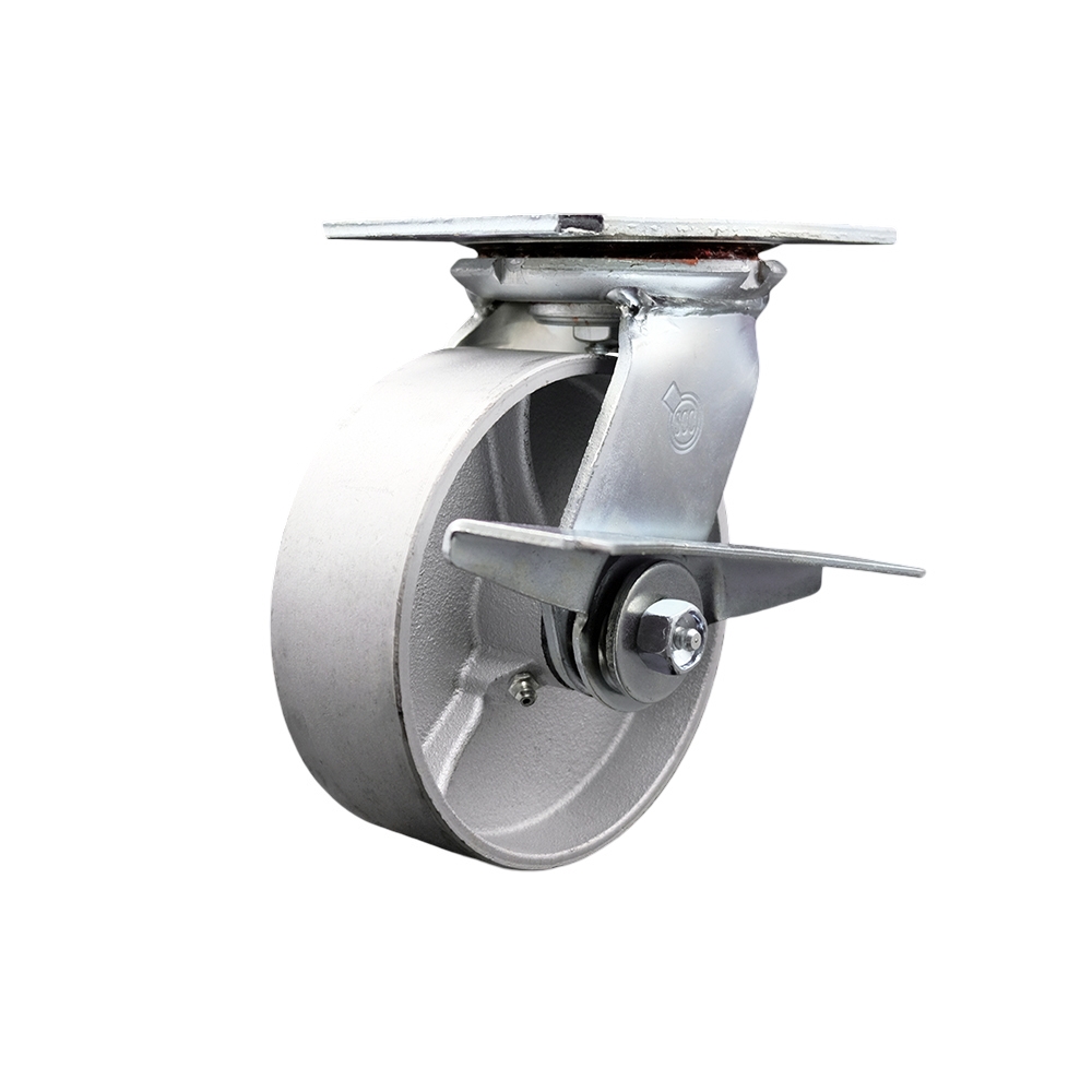 Heavy Duty Large Top Plate Semi Steel Cast Iron Swivel Caster w/Main. Free Bearings and 6" x 2" Silver Wheel & Side Lck Brake - 1200 lbs Capacity/Caster - Service Caster Brand — photo 1