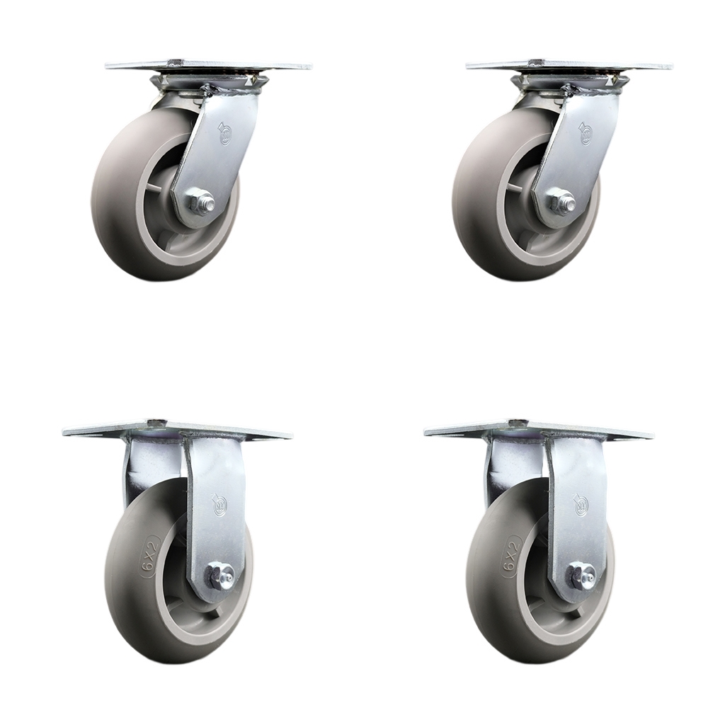 Heavy Duty Large Top Plate Thermo Rubber Donut Tread Swivel Caster Set of 4 w/6" x 2" Gray Wheels - Includes 2 Swivel & 2 Rigid - 2000 lbs Total Capacity - Service Caster Brand — photo 1
