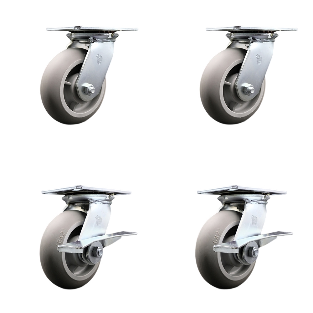 Heavy Duty Large Top Plate Thermo Rubber Donut Tread Swivel Caster Set of 4 w/6" x 2" Gray Wheels - Includes 2 Swivel with Brakes & 2 Swivel - 2000 lbs Total Capacity - Service Caster Brand — photo 1