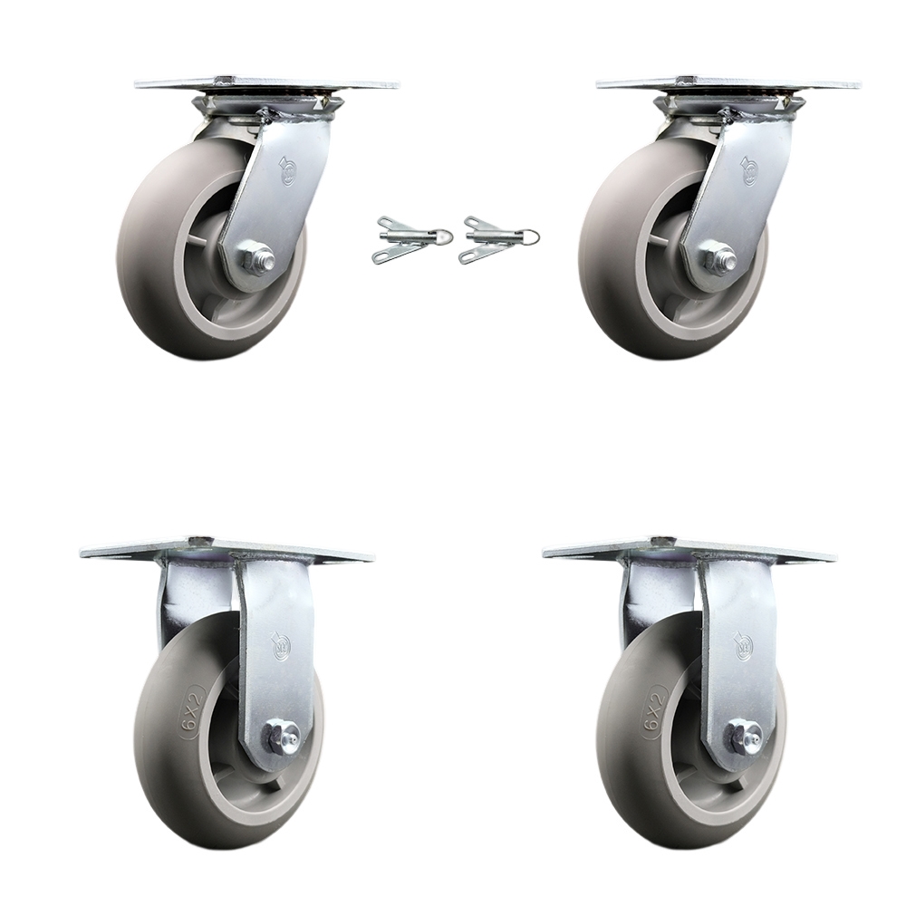 Heavy Duty Large Top Plate Thermo Rubber Donut Tread Swivel Caster Set of 4 w/6" x 2" Gray Wheels - Includes 2 Swivel with Bolt on Swivel Locks&2 Rigid - 2000 lbs Total Capacity - Service Caster Brand — photo 1
