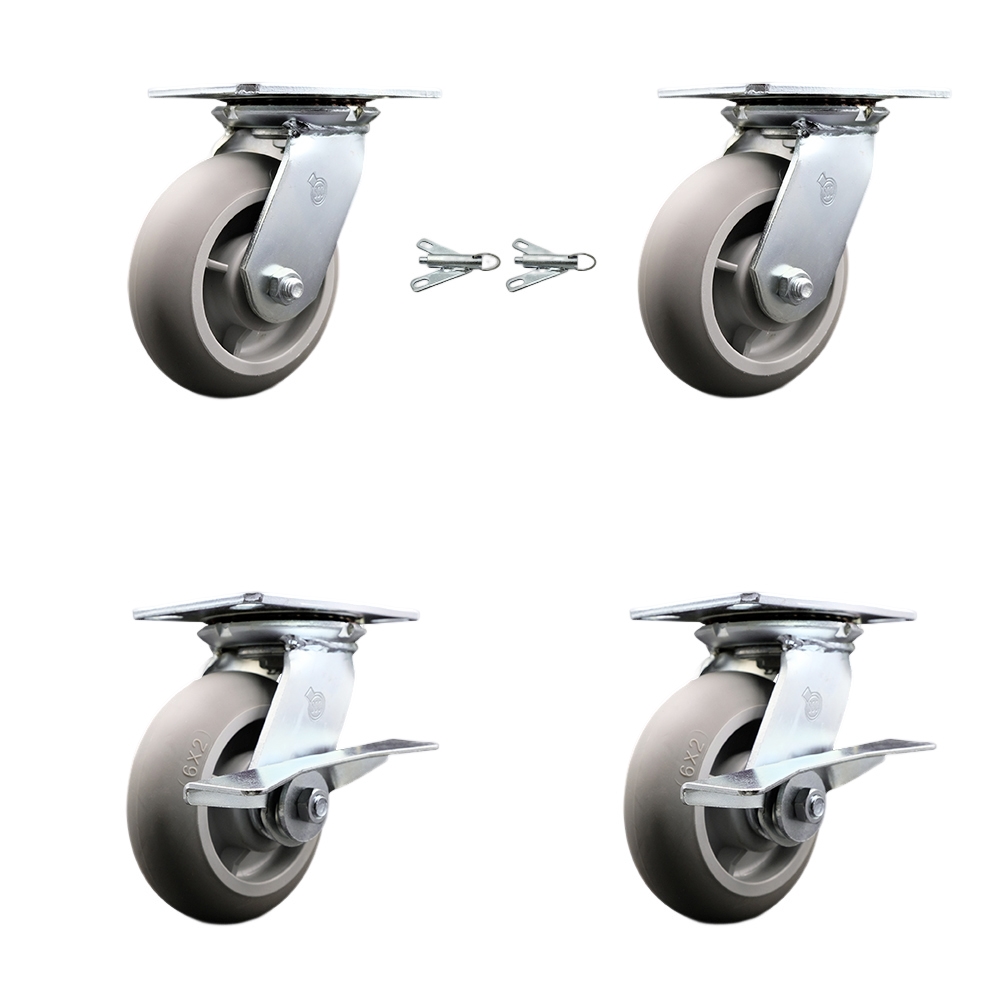 Heavy Duty Large Top Plate Thermo Rubber Donut Tread Swivel Caster Set of 4 w/6" x 2" Gray Wheels- Includes 2 Swivel with Bolt on Swvl Lcks&2 Swvl with Brakes-2000lbs Total Cpty - Service Caster Brand — photo 1