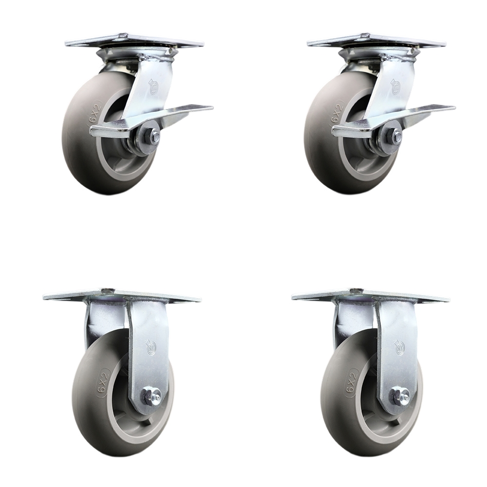 Heavy Duty Large Top Plate Thermo Rubber Donut Tread Swivel Caster Set of 4 w/6" x 2" Gray Wheels - Includes 2 Swivel with Brakes & 2 Rigid - 2000 lbs Total Capacity - Service Caster Brand — photo 1