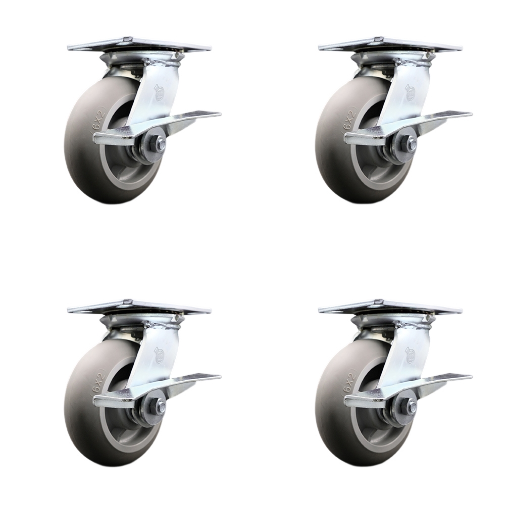 Heavy Duty Large Top Plate Thermo Rubber Donut Tread Swivel Caster Set of 4 w/6" x 2" Gray Wheels - Includes 4 Swivel w/Side Lck Brakes - 2000 lbs Total Capacity - Service Caster Brand — photo 1