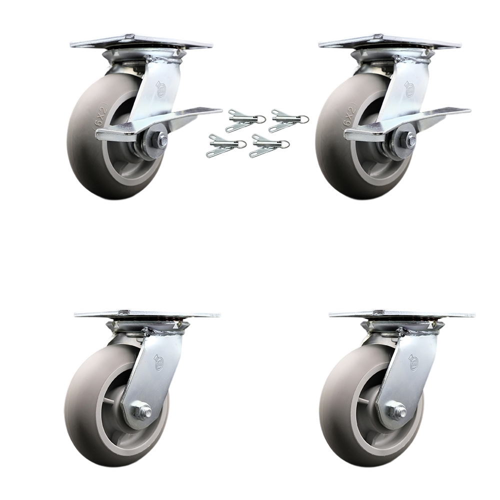 Heavy Duty Large Top Plate Thermo Rubber Donut Tread Swivel Caster Set 4 w/6"x2" Gray Wheel-Includes 2 Swvl w/BRK and Bolt on Swvl Lck&2 Swvl w/Bolt on Swvl Lck-2000lbs Total Cpty-Service Caster Brand — photo 1