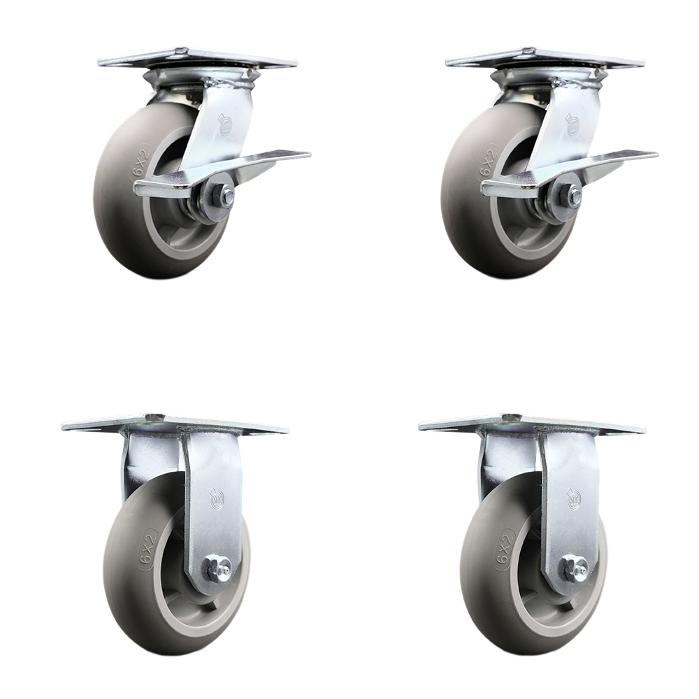 Heavy Duty Large Top Plate Thermo Rubber Donut Tread Swivel Caster Set of 4 w/6" x 2" Gray Wheels - Includes 2 Swivel with Brakes and Bolt on Swvl Lck&2 Rigid-2000lbs Total Cpty - Service Caster Brand — photo 1