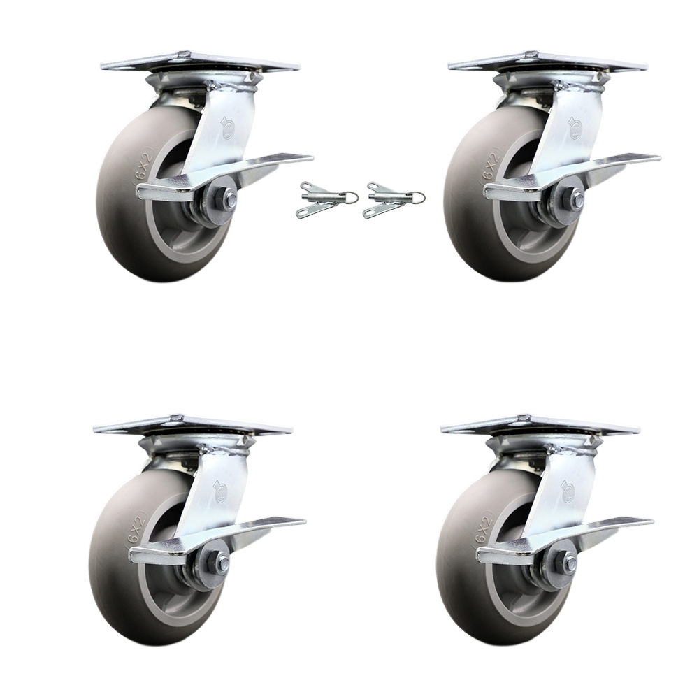 Heavy Duty Large Top Plate Thermo Rubber Donut Tread Swivel Caster Set 4 w/6" x 2" Gray Wheels-Includes 2 Swvl with Brake and Bolt on Swvl Lck&2 Swvl with Brake-2000lbs Total Cpty-Service Caster Brand — photo 1
