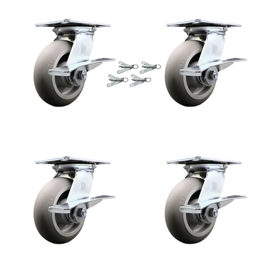 Heavy Duty Large Top Plate Thermo Rubber Donut Tread Swivel Caster Set of 4 w/6" x 2" Gray Wheels - Includes 4 Swivel w/Side Lck Brakes & Bolt on Swivel Locks-2000lbs Total Cpty - Service Caster Brand — photo 1