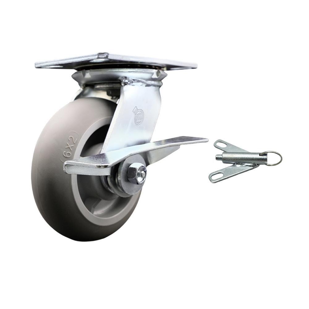 Heavy Duty Large Top Plate Thermo Rubber Donut Tread Swivel Caster w/6" x 2" Gray Wheel & Side Lck Brake and Bolt on Swivel Lock - 500 lbs Capacity/Caster - Service Caster Brand — photo 1