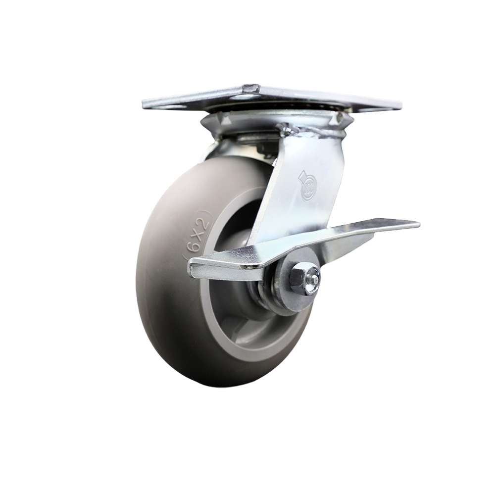 Heavy Duty Large Top Plate Thermo Rubber Donut Tread Swivel Caster w/6" x 2" Gray Wheel & Side Lck Brake - 500 lbs Capacity/Caster - Service Caster Brand — photo 1