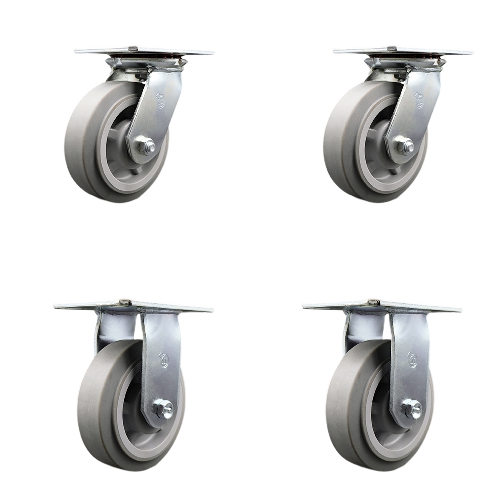 Heavy Duty Large Top Plate Thermo Rubber Flat Tread Swivel Caster Set of 4 w/6" x 2" Gray Wheels - Includes 2 Swivel & 2 Rigid - 2000 lbs Total Capacity - Service Caster Brand — photo 1