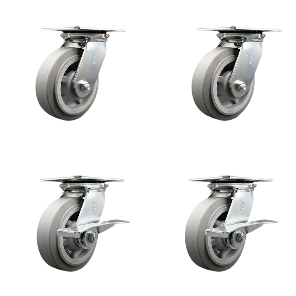 Heavy Duty Large Top Plate Thermo Rubber Flat Tread Swivel Caster w/Main. Free Bearings Set of 4 w/6" x 2" Gray Wheels- Includes 2 Swivel with Brakes&2 Swivel-2000lbs Total Cpty - Service Caster Brand — photo 1