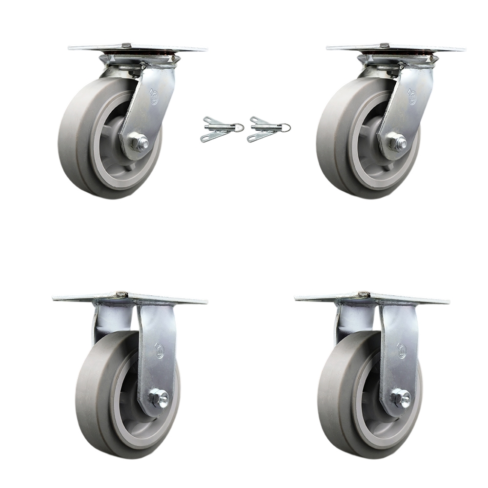Heavy Duty Large Top Plate Thermo Rubber Flat Tread Swivel Caster w/Main. Free Bearings Set of 4 w/6" x 2" Gray Wheels - Includes 2 Swivel with Bolt on Swivel Locks & 2 Rigid - Service Caster Brand — photo 1