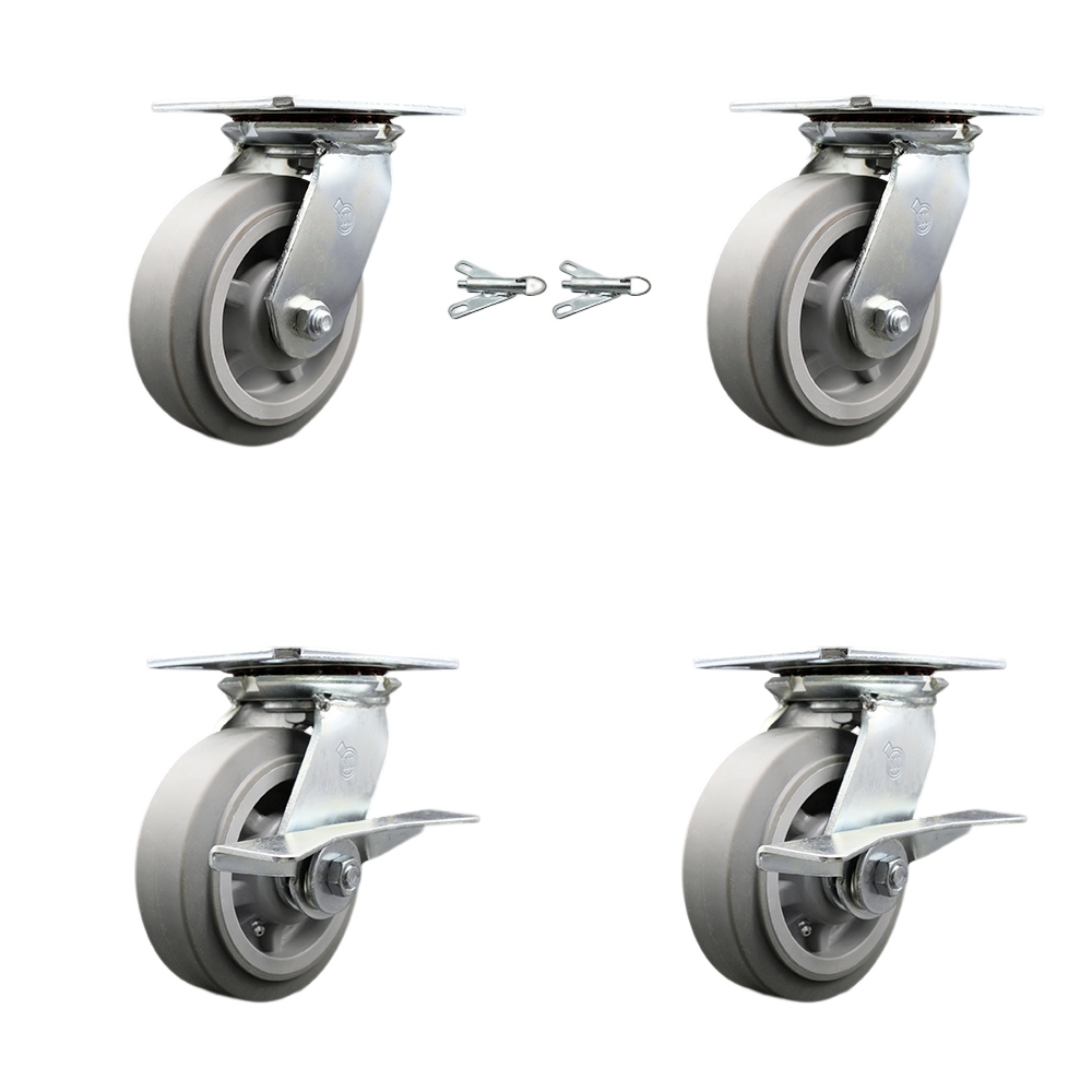 Heavy Duty Large Top Plate Thermo Rubber Flat Tread Swivel Caster w/Main. Free Bearings Set of 4 w/6" x 2" Gray Wheels-Includes 2 Swivel with Bolt on Swvl Lcks&2 Swvl with Brakes- Service Caster Brand — photo 1