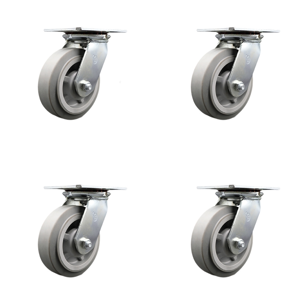 Heavy Duty Large Top Plate Thermo Rubber Flat Tread Swivel Caster Set of 4 w/6" x 2" Gray Wheels - Includes 4 Swivel w/Bolt on Swivel Locks - 2000 lbs Total Capacity - Service Caster Brand — photo 1
