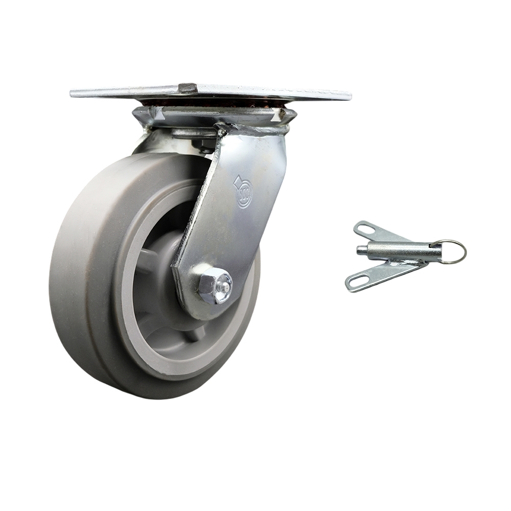 Heavy Duty Large Top Plate Thermo Rubber Flat Tread Swivel Caster w/Main. Free Bearings and 6" x 2" Gray Wheel & Bolt on Swivel Lock - 500 lbs Capacity/Caster - Service Caster Brand — photo 1