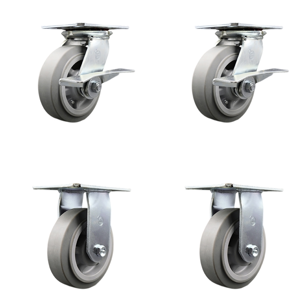 Heavy Duty Large Top Plate Thermo Rubber Flat Tread Swivel Caster Set of 4 w/6" x 2" Gray Wheels - Includes 2 Swivel with Brakes & 2 Rigid - 2000 lbs Total Capacity - Service Caster Brand — photo 1