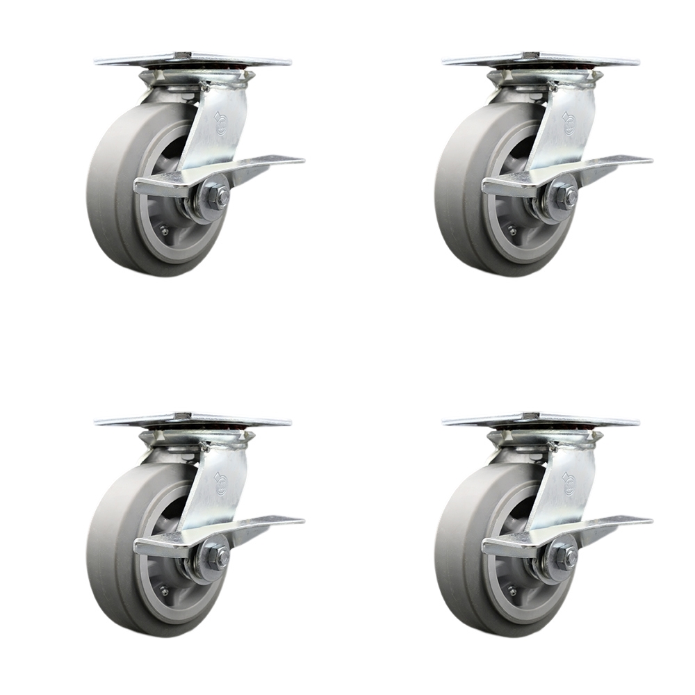 Heavy Duty Large Top Plate Thermo Rubber Flat Tread Swivel Caster w/Main. Free Bearings Set of 4 w/6" x 2" Gray Wheels - Includes 4 Swivel w/Side Lck Brakes - 2000lbs Total Cpty - Service Caster Brand — photo 1