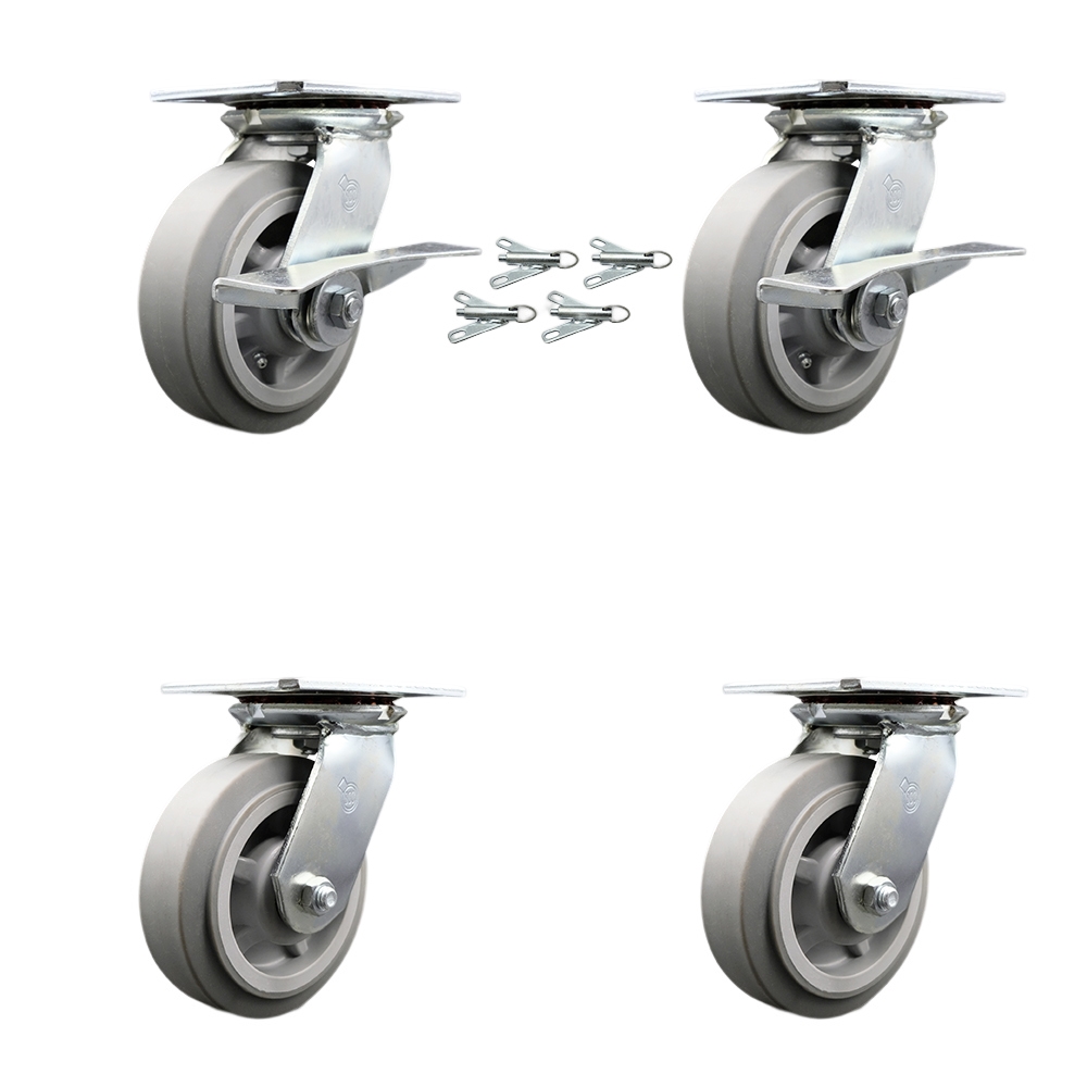 Heavy Duty Large Top Plate Thermo Rubber Flat Tread Swivel Caster Set 4 w/6"x2" Gray Wheel-Includes 2 Swvl w/BRKs and Bolt on Swvl Lck&2 Swvl w/Bolt on Swvl Lck-2000lbs Total Cpty-Service Caster Brand — photo 1