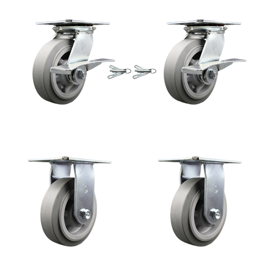 Heavy Duty Large Top Plate Thermo Rubber Flat Tread Swivel Caster Set of 4 w/6" x 2" Gray Wheels - Includes 2 Swivel with Brakes and Bolt on Swvl Lcks&2 Rigid-2000lbs Total Cpty - Service Caster Brand — photo 1