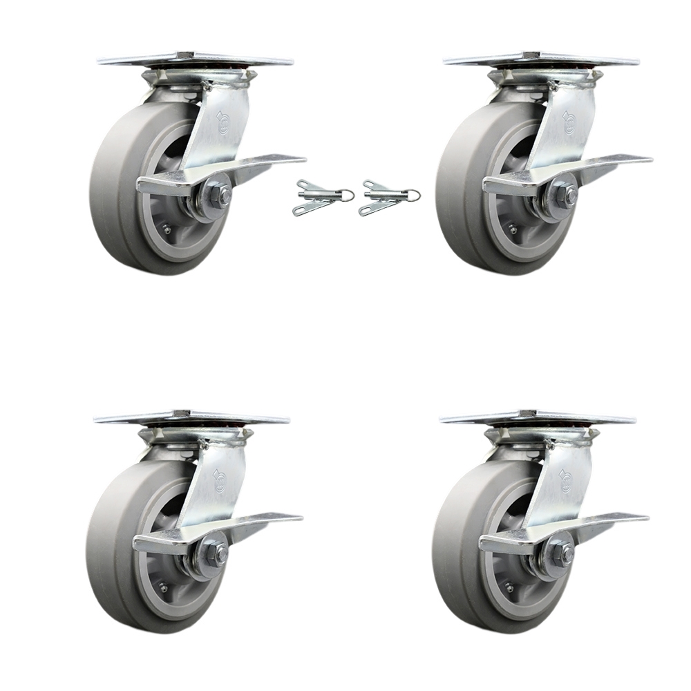 Heavy Duty Large Top Plate Thermo Rubber Flat Tread Swvl Caster w/Main. Free Bearings Set 4 w/6" x 2" Gray Wheels-Includes 2 Swvl with Brakes and Bolt on Swvl Lck&2 Swvl with BRKs-Service Caster Brand — photo 1