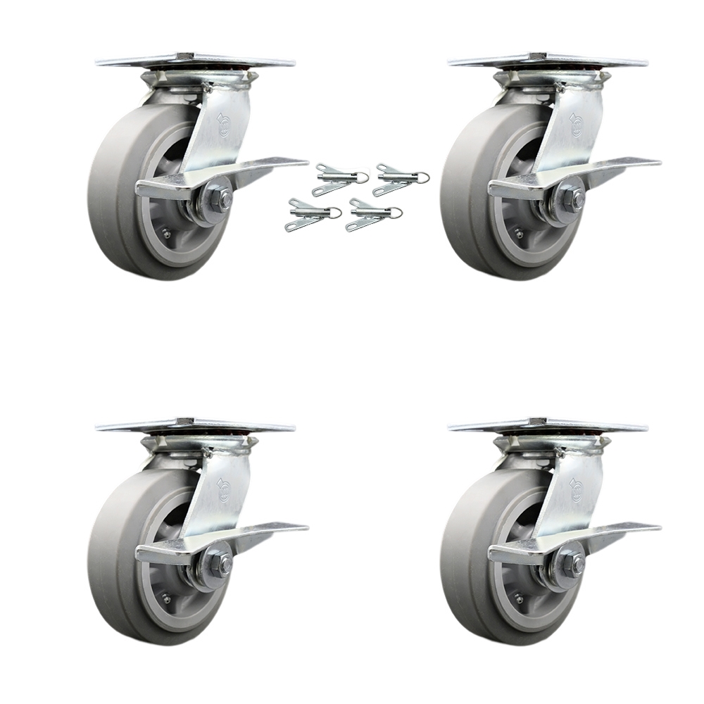 Heavy Duty Large Top Plate Thermo Rubber Flat Tread Swivel Caster Set of 4 w/6" x 2" Gray Wheels - Includes 4 Swivel w/Side Lck Brakes&Bolt on Swivel Lcks-2000lbs Total Capacity - Service Caster Brand — photo 1
