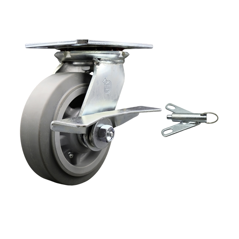 Heavy Duty Large Top Plate Thermo Rubber Flat Tread Swivel Caster w/Main. Free Bearings and 6" x 2" Gray Wheel & Side Lck Brake and Bolt on Swivel Lock - 500 lbs Capacity/Caster - Service Caster Brand — photo 1