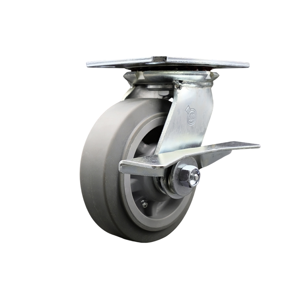 Heavy Duty Large Top Plate Thermo Rubber Flat Tread Swivel Caster w/Main. Free Bearings and 6" x 2" Gray Wheel & Side Lck Brake - 500 lbs Capacity/Caster - Service Caster Brand — photo 1