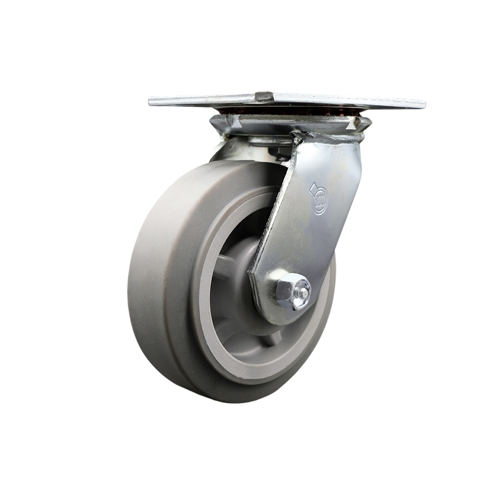 Heavy Duty Large Top Plate Thermo Rubber Flat Tread Swivel Caster w/Main. Free Bearings and 6" x 2" Gray Wheel - 500 lbs Capacity/Caster - Service Caster Brand — photo 1