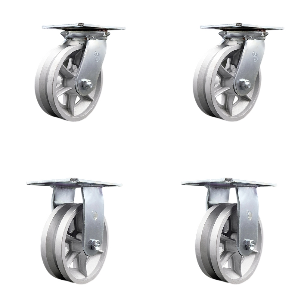 Heavy Duty Large Top Plate V Groove Semi Steel Swivel Caster Set of 4 w/6" x 2" Silver Wheels - Includes 2 Swivel & 2 Rigid - 4800 lbs Total Capacity - Service Caster Brand — photo 1