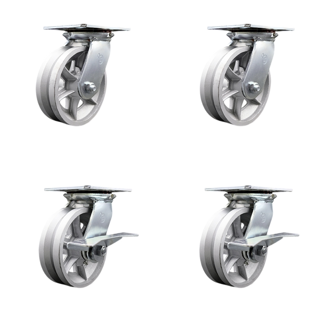 Heavy Duty Large Top Plate V Groove Semi Steel Swivel Caster Set of 4 w/6" x 2" Silver Wheels - Includes 2 Swivel with Brakes & 2 Swivel - 4800 lbs Total Capacity - Service Caster Brand — photo 1