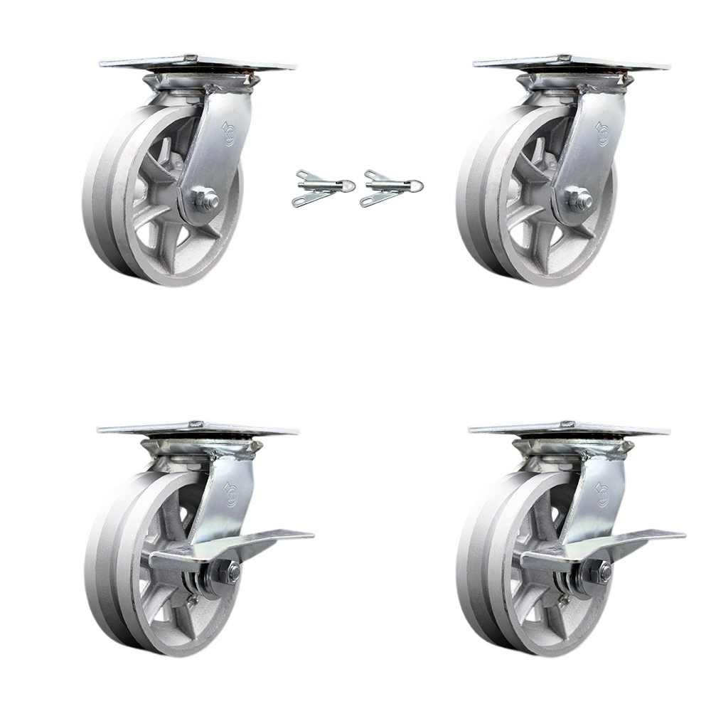 Heavy Duty Large Top Plate V Groove Semi Steel Swivel Caster w/Main. Free Bearings Set of 4 w/6" x 2" Silver Wheels-Includes 2 Swivel with Bolt on Swivel Locks&2 Swvl with Brakes- Service Caster Brand — photo 1