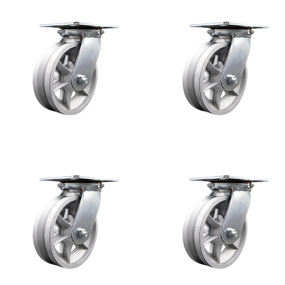 Heavy Duty Large Top Plate V Groove Semi Steel Swivel Caster Set of 4 w/6" x 2" Silver Wheels - Includes 4 Swivel w/Bolt on Swivel Locks - 4800 lbs Total Capacity - Service Caster Brand — photo 1
