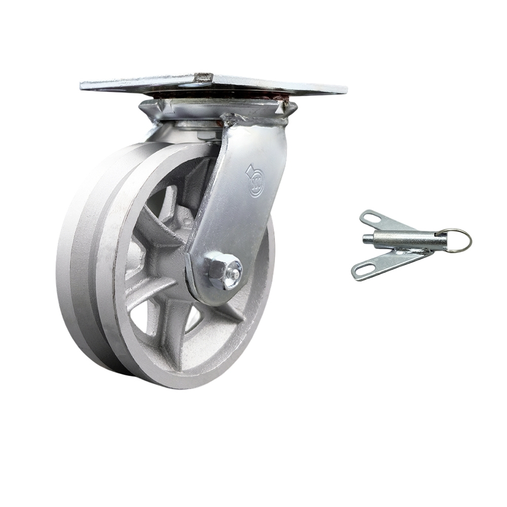 Heavy Duty Large Top Plate V Groove Semi Steel Swivel Caster w/Main. Free Bearings and 6" x 2" Silver Wheel & Bolt on Swivel Lock - 1200 lbs Capacity/Caster - Service Caster Brand — photo 1