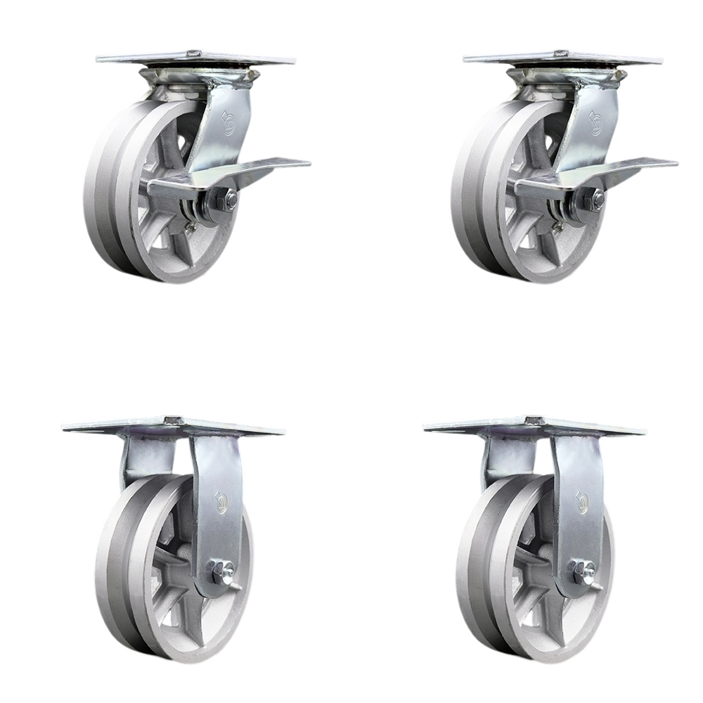 Heavy Duty Large Top Plate V Groove Semi Steel Swivel Caster Set of 4 w/6" x 2" Silver Wheels - Includes 2 Swivel with Brakes & 2 Rigid - 4800 lbs Total Capacity - Service Caster Brand — photo 1