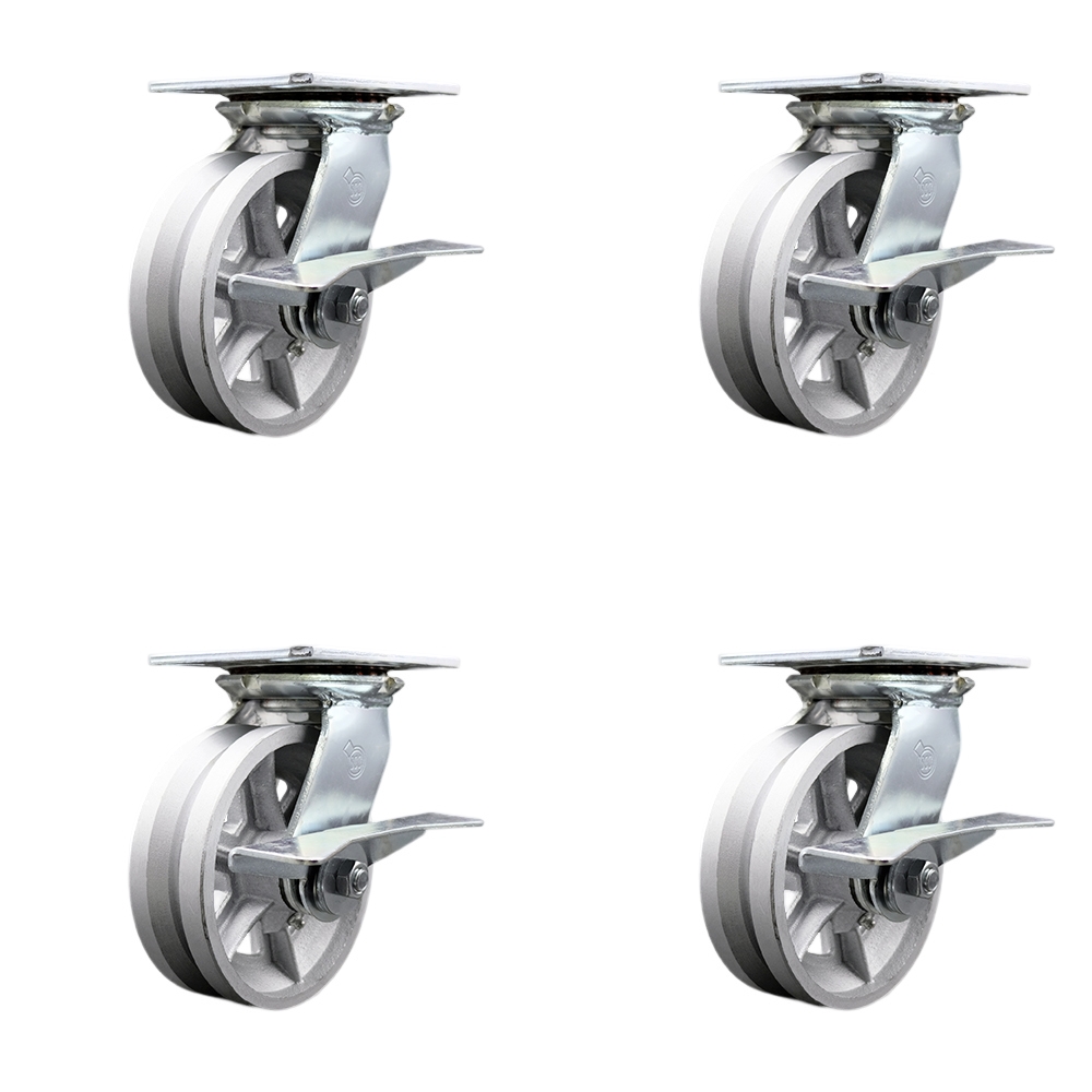 Heavy Duty Large Top Plate V Groove Semi Steel Swivel Caster Set of 4 w/6" x 2" Silver Wheels - Includes 4 Swivel w/Side Lck Brakes - 4800 lbs Total Capacity - Service Caster Brand — photo 1